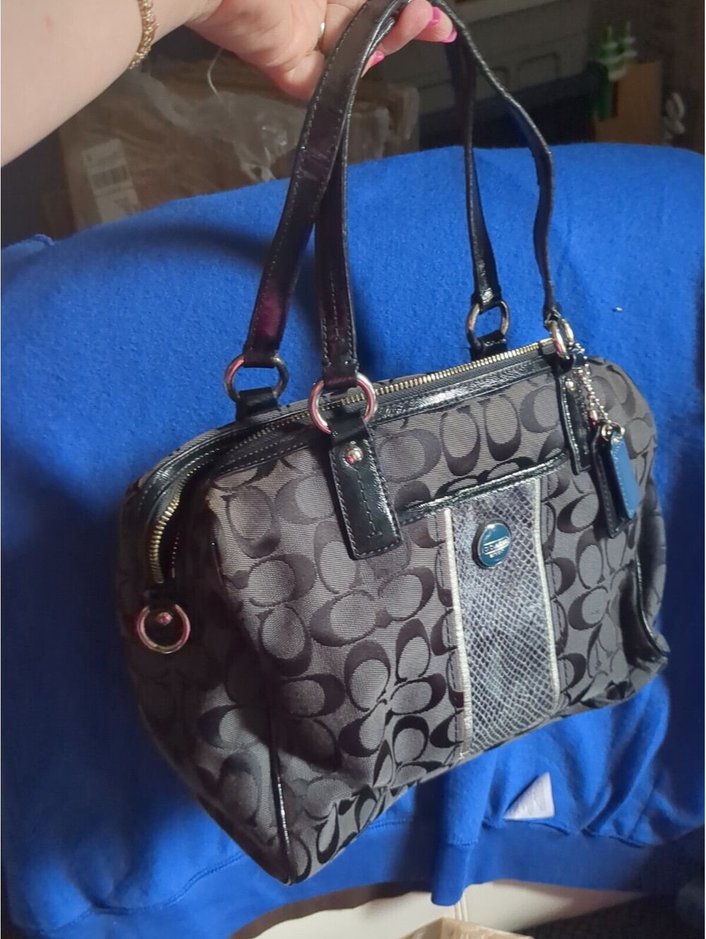 COACH Y2K Vintage Black Signature Jacquard Logo Python Stripe Satchel F24884
